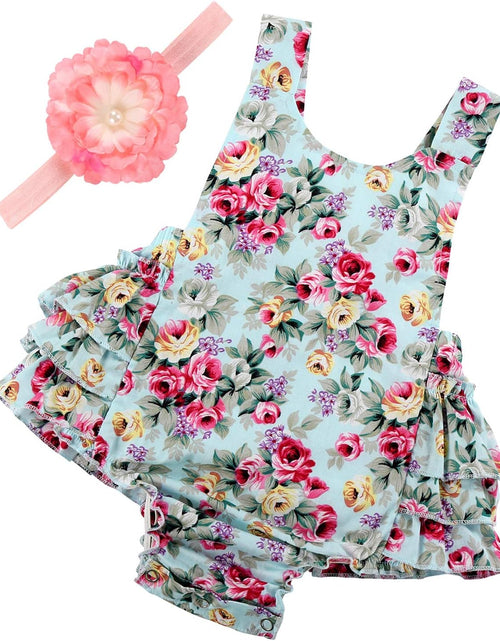 Load image into Gallery viewer, Baby Girl'S Floral Print Ruffles Romper Summer Clothes with Headband
