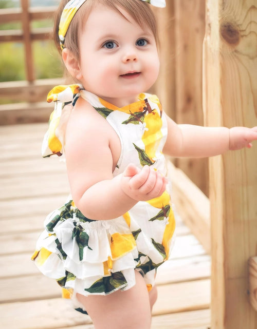 Load image into Gallery viewer, Baby Girl'S Floral Print Ruffles Romper Summer Clothes with Headband
