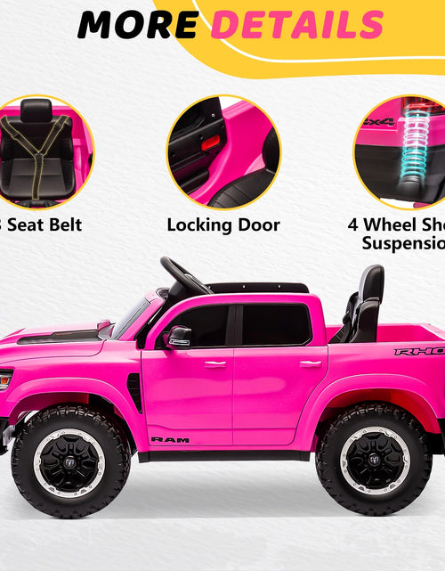 Load image into Gallery viewer, RAM 1500 Ride on Car Toy for Kids, 12V Powered Ride on Truck Toy with Remote Control, 4 Wheel Suspension, Safety Belt, Music, Bluetooth, LED Lights, Electric Cars for 3-5 Yrs Boy Girl, Pink
