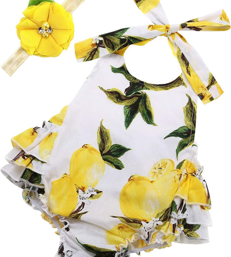 Baby Girl'S Floral Print Ruffles Romper Summer Clothes with Headband