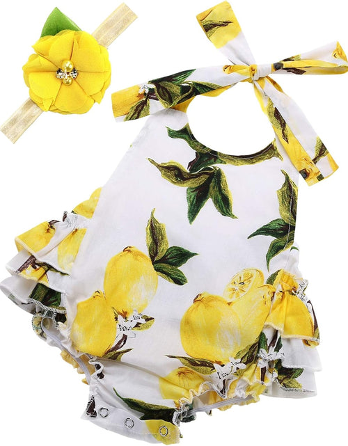 Load image into Gallery viewer, Baby Girl'S Floral Print Ruffles Romper Summer Clothes with Headband
