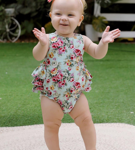 Baby Girl'S Floral Print Ruffles Romper Summer Clothes with Headband