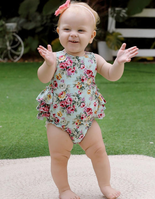 Load image into Gallery viewer, Baby Girl'S Floral Print Ruffles Romper Summer Clothes with Headband
