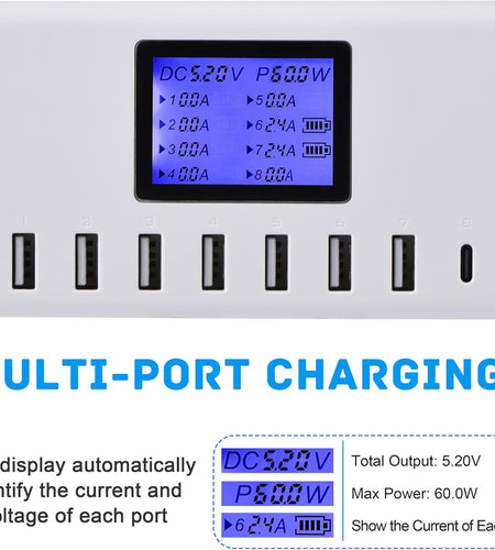 60W 12A 8-Port USB Charging Station - Multi Port USB Hub Charger with LCD Display - Compatible with Iphone, Ipad, Samsung, Kindle, Tablet, Bluetooth Earbuds and More