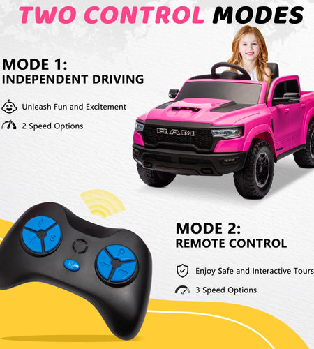 RAM 1500 Ride on Car Toy for Kids, 12V Powered Ride on Truck Toy with Remote Control, 4 Wheel Suspension, Safety Belt, Music, Bluetooth, LED Lights, Electric Cars for 3-5 Yrs Boy Girl, Pink