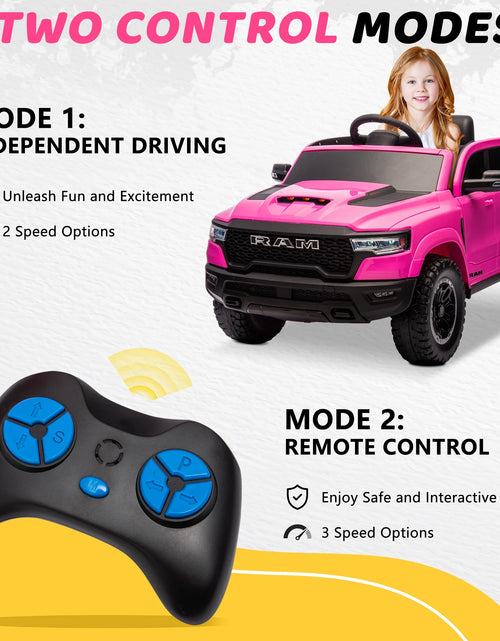 Load image into Gallery viewer, RAM 1500 Ride on Car Toy for Kids, 12V Powered Ride on Truck Toy with Remote Control, 4 Wheel Suspension, Safety Belt, Music, Bluetooth, LED Lights, Electric Cars for 3-5 Yrs Boy Girl, Pink
